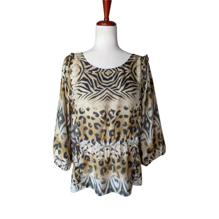 Johnny Was Aisha Silk Animal Print Peplum Blouse Ruffle Leopard Zebra Tan M